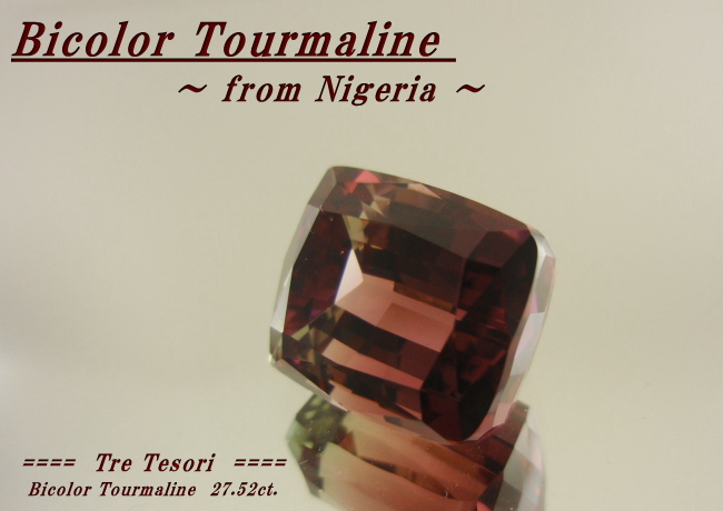 ナイジェリア産バイカラートルマリン☆クッションシェイプ☆17ｘ14.5mm☆27.52ct.